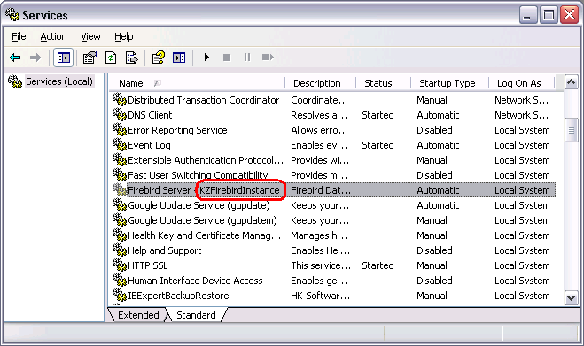 Windows Services with Firebird Server - KZFirebirdInstance highlighted.