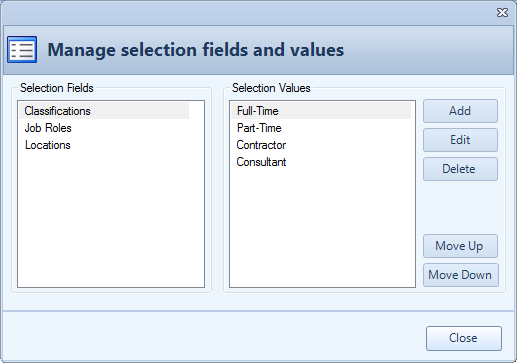 Manage Selection Fields Dialog