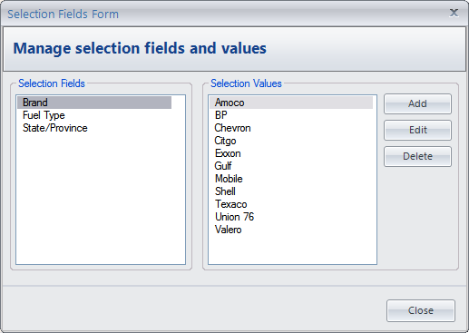 Manage Selection Fields Dialog
